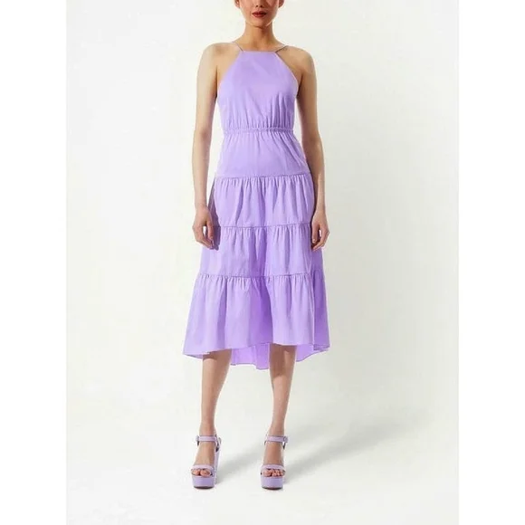 Alice & Olivia Hartley Bow Tie Open Back Tiered Lavender Halter Midi Dress - Picture 4 of 8